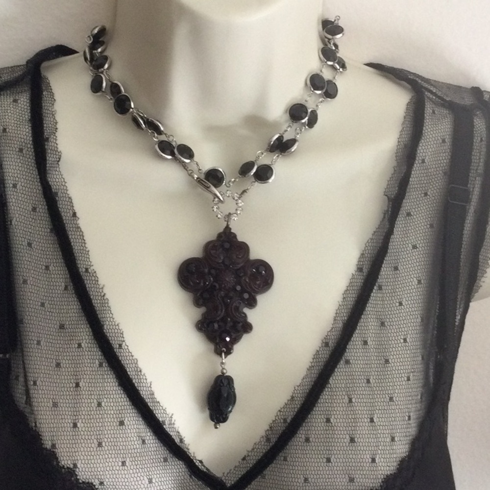 Black Crystal Silver Chain Necklace with Tarina Tarantino Pendant - Picture 10 of 10